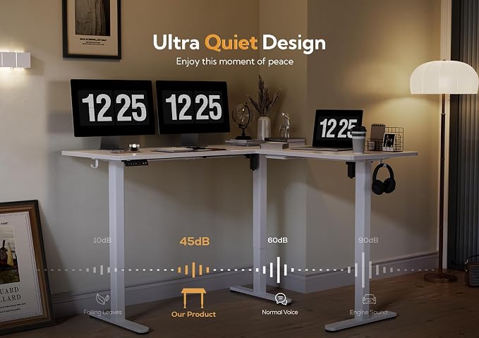 Claiks L Shaped Standing Desk Dual Motor Adjustable Height 63x55in White | Height 28.5-47.2in, 220lbs capacity, sturdy steel frame, splice board included, ideal for home office corner