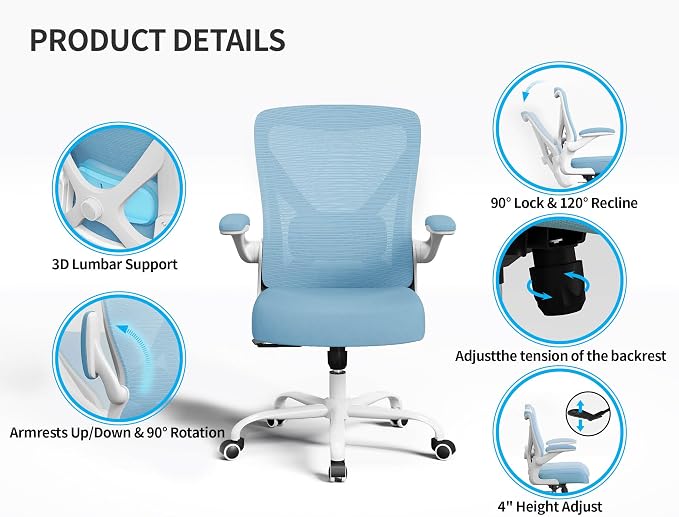 Office Chair Ergonomic Desk Chair Comfy: 330LBS Mesh Computer Chair Ergonomic Gaming Chairs with Wheels Adjustable Lumbar Support and Flip up Armrest-Swivel Executive Chairs Long Hours(Sky Blue)
