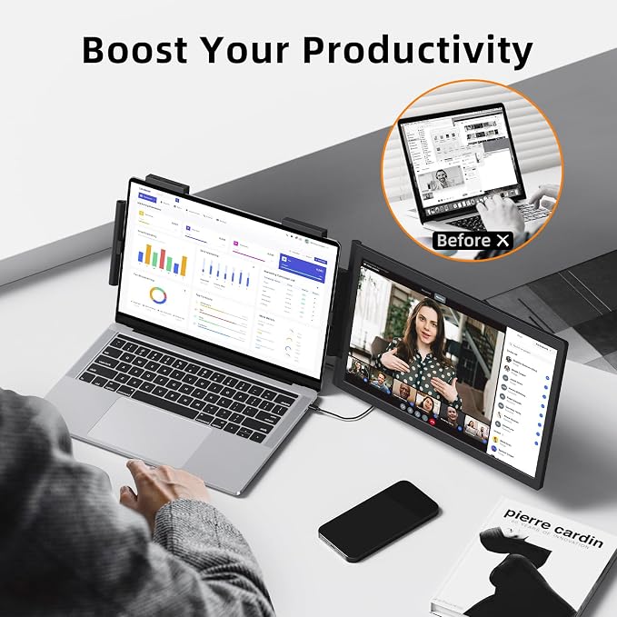 MAGICRAVEN Laptop Screen Extender, 14" 1080P Portable Monitor, Type-C HDMI Plug and Play for 13.3" - 16.1" Laptops, 270° Rotation Attachment Display for Windows/MacOS/Chrome Laptop Phone