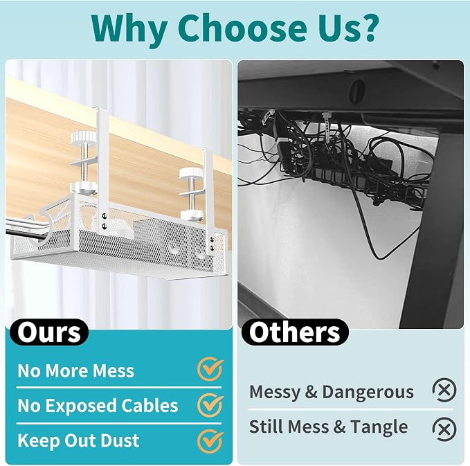 Under Desk Cable Management Tray White, No Drill Desk Cable Management Organizer with Clamp for Desk Wire Management, PC Cord Organizer Accessories & Workspace Organizers for Office, Home(2 Pack)