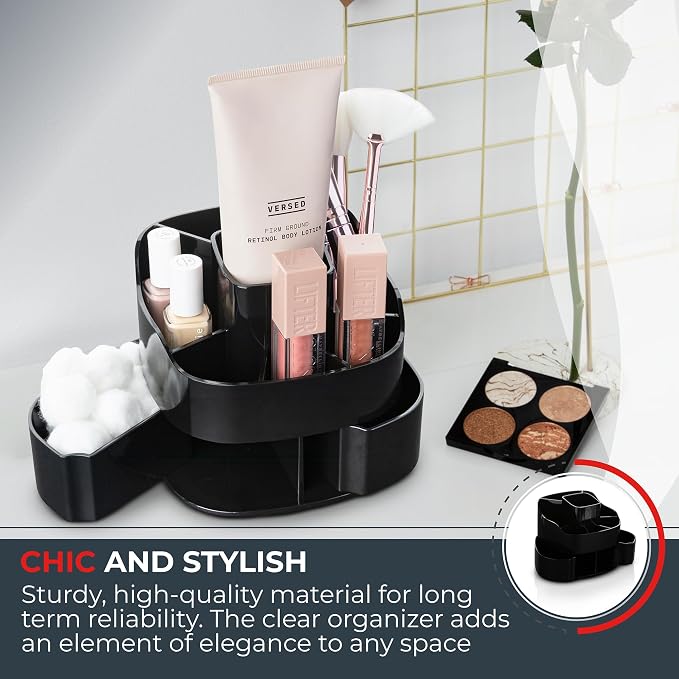 Masirs Small 360 Rotating Makeup Organizer, 5 Compartments, Square Black | Small 360 Rotating Makeup Organizer, 5 Compartments, Acrylic Mini Lazy Susan, Vanity Bathroom Counter, Square Black