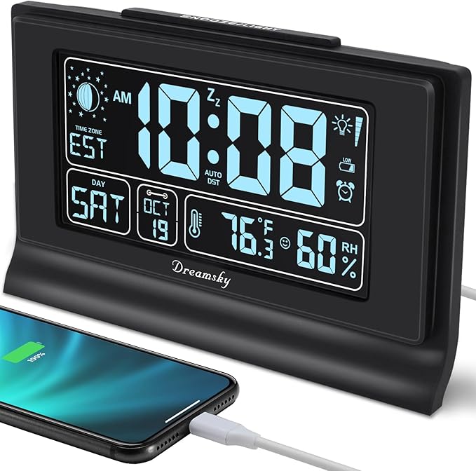 DreamSky Alarm Clocks for Bedrooms with Battery Backup, Auto Set | Digital Clock with Date and Day of Week, Indoor Temperature Humidity, Moon Phase, Dimmer, Auto DST, USB Port