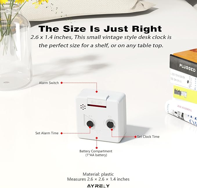 AYRELY® 2.6" × 1.4" Ultra Small Battery Operated Analog Travel Alarm Clock | Silent Non-Ticking Retro Bedside Table Clock with Snooze, Light and Easy Top Alarm Switch for Travel and Bedrooms (White)
