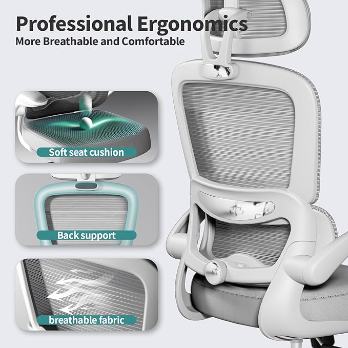 TRALT Office Chair Ergonomic Desk Chair, 330 LBS Home Mesh Office Desk Chairs with Wheels, Comfortable Gaming Chairs (Light Grey)
