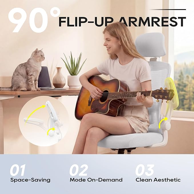 Ergonomic Office Chair, High Back Mesh Desk Chair with Adjustable Lumbar Support & Headrest, Flip-up Armrest, Computer Task Chairs for Home and Executive Office (W-White)