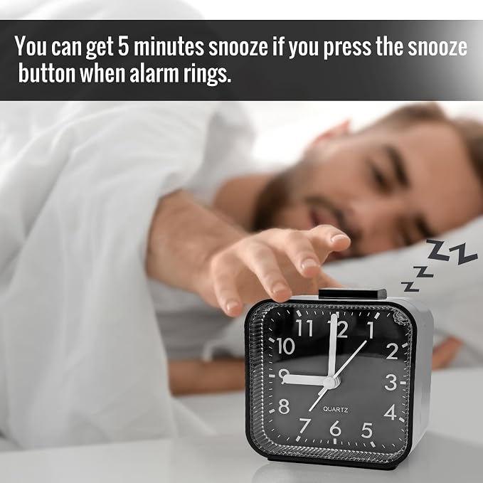 Lamisola Small Analog Alarm Clock for Bathroom, Black Travel Clock, Battery Operated, Quieter Bedside Dial Clocks for Bedrooms Kitchen, Shelf Desk Clock