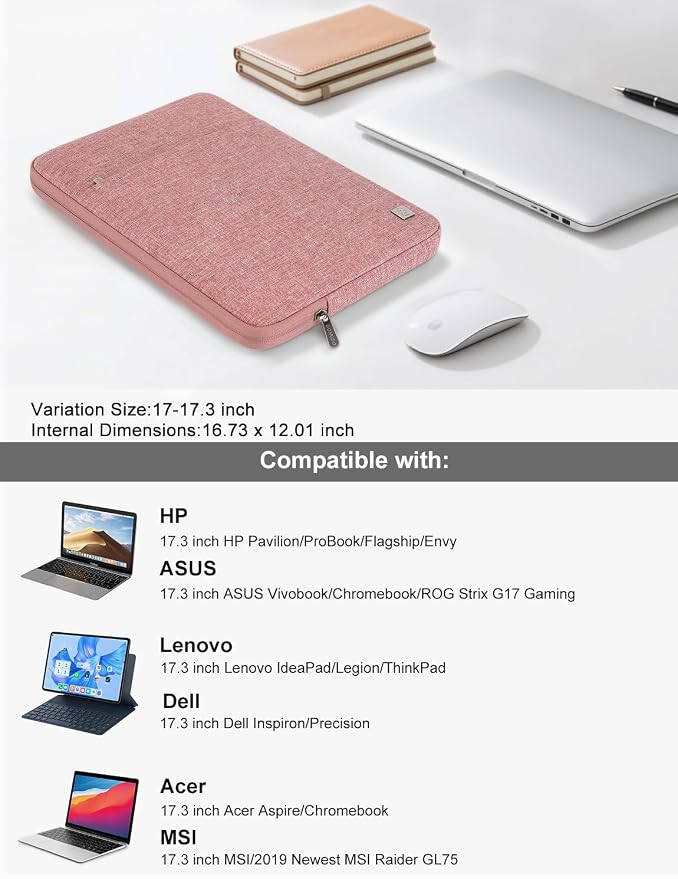 DOMISO 17 inch Laptop Sleeve Case Notebook Bag Protective Carrying Handbag for 17.3" Notebook/Dell Inspiron/MSI GS73VR Stealth Pro/IdeaPad 300 320 321/HP Envy/LG Gram 17"/ASUS ROG Strix GL702VS,Pink