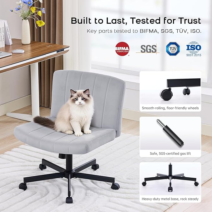 LukkDys Criss Cross Chair with Wheels, Wide Cross Legged Desk Chair, Comfy Fabric Vanity Chair for Home Office Bedroom, Adjustable Armless Swivel Task Chair with 90–115° Tilt, Gray