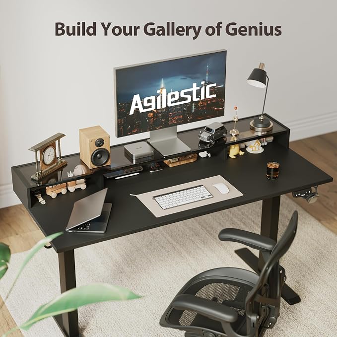 Agilestic 48 x 24 Inches Electric Standing Desk with Storage, Adjustable Height Sit and Stand Computer Table with Glass Shelf, Splice Board, Black