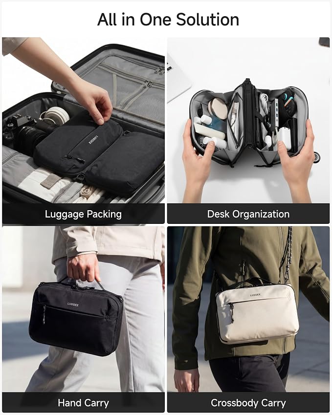 LUGGEX Large Tech Pouch, Cable Organizer Bag with Removable Crossbody Strap, Dual Accessories Bag & Water Resistant for Kindle, Chargers, Cord, Earphone for Travel Office All-in-One, Black CBX01