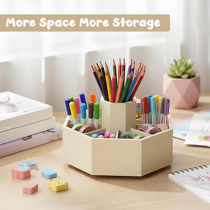 360° Rotating Pencil Holder for Desk Bamboo Rotating Marker Pen Desk Organizer Art Supply Gifts or Desktop Storage Caddy, Crayon, Marker, Pencil(Beige)