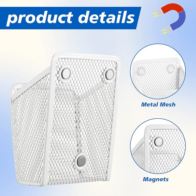 Fuutreo 2 Pcs Large Magnetic Pencil Holder Mesh Stainless Steel Pen Basket Metal Marker Cups Storage Organizer for Fridge Whiteboard Blackboard Kitchen Refrigerator Locker Home Office School, White
