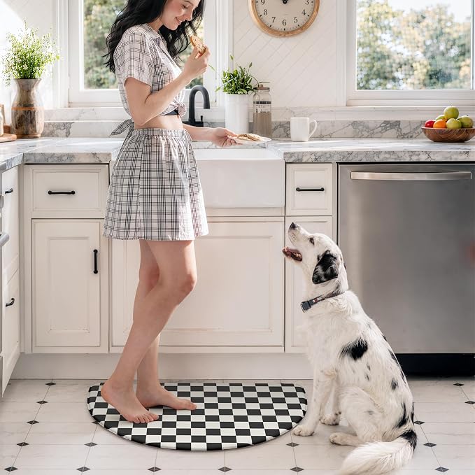 KIMODE Anti Fatigue Kitchen Mats for Floor,18"x 28" Farmhouse Kitchen Decor | Paded Kitchen Floor Mat, Memory Foam Standing Desk Mat, Half Round Bathroom Rug for Sink, Black Plaid Laundry Room Rug Dorm