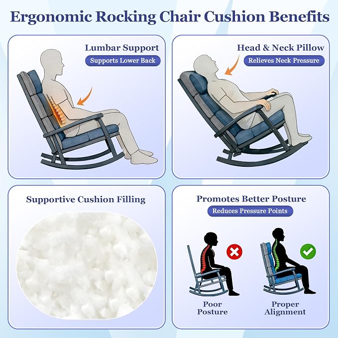 Rocking Chair Cushion, Waterproof and Fade-Resistant Adirondack Rocker Cushions, Indoor/Outdoor Rocking Chair Pads, High Back Memory Foam Patio Furniture Cushions with Ties, 44x23x4 Inch, Dark Green