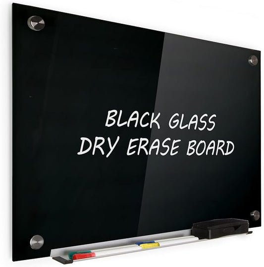 Real Glass Dry Erase Board, 18" x 24", Tempered Glass Surface, Frameless Wall Mount, with 4 Assorted Color Markers and Eraser, by Better Office Products (Jet Black)