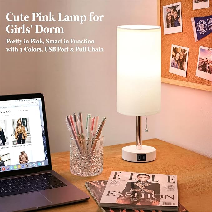 Dicoool Small Bedside Table lamp for Bedroom - 3 Color Modes, Desk Lamp with USB-C and USB-A Charging Ports, Pull Chain, Nightstand Light for Office, Kids Room, Dorm Lamp