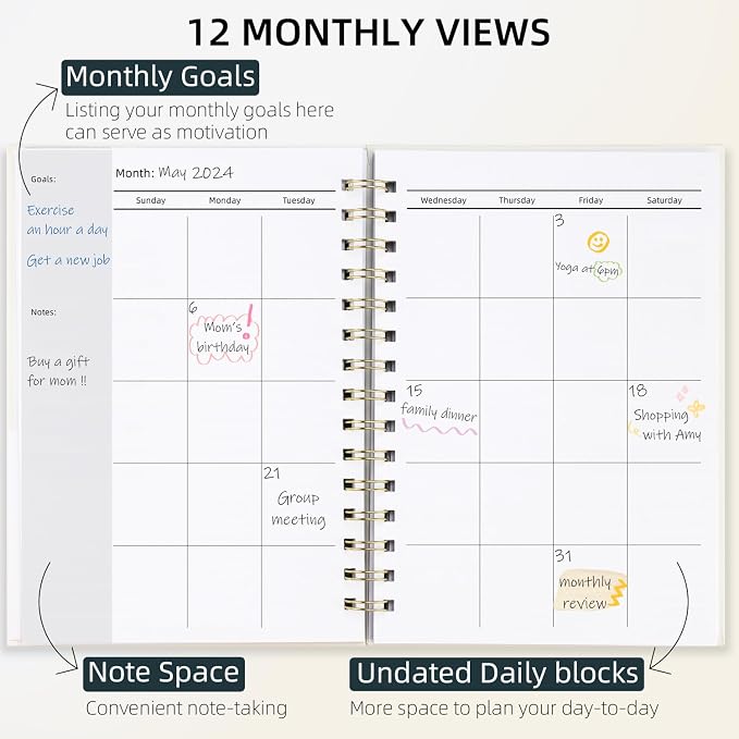 LONLAT Undated Weekly and Monthly Planner Spiral Bound- Weekly Goals Notebook, To Do List, Habit Tracker Journal, Academic, Aesthetic, Stylish School or Office Supplies (6.1" x 8.4" - Cream)
