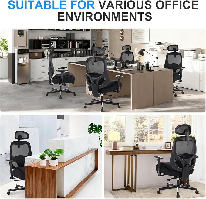 Office Chair with Ergonomic Lumbar Support and Mesh Back for Home Office, Desk Chair with Wide Seat and Adjustable Arms for Computer Desk, Computer Chair with Rocking Backrest and Wheels for Work