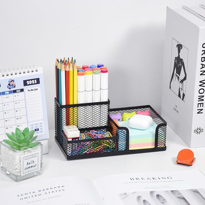 SAYEEC Mesh Desk Organizer, Black Pen Holder for Desk, 3 Compartments Wire Desktop Organizer, Multi-Functional Metal Pencil Cup Caddy Holder Office Supply Storage Organizers for School Home Workspace