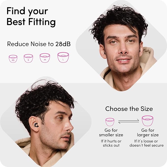 Audree Soft Ear Plugs for Noise Reduction, Reusable Flexible Earplugs for Sleep, Travelling, Focus, Study & Noise Sensitivity, 28dB Noise Cancelling, 8 Silicone Ear Tips in XS/S/M/L, Black