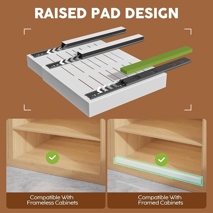 Seinloes 4 Pack Expandable Width (15.15"-26.3") Pull Out Cabinet Organizer 21" Deep with Raising Pad for Framed Cabinets, Upgrade 3 Slide Rails Slide Out Drawers, Roll Out Shelves Adhesive, White
