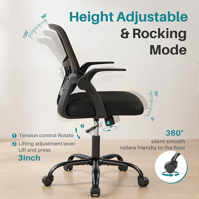OLIXIS Ergonomic Office Desk Chair, Executive Mid-Back Computer Chair with Comfortable Lumbar Support & Rocking Mode, Height Adjustable with Flip-up Armrest, 360° Swivel, for Adults, Black