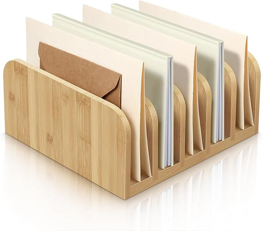 Desk Mail Organizer Bamboo File Holders Countertop Paper Organizer Letter Sorter 5 Compartments Envelope Holders with Anti Slip Mat for Home Office School Desktop Document Storage