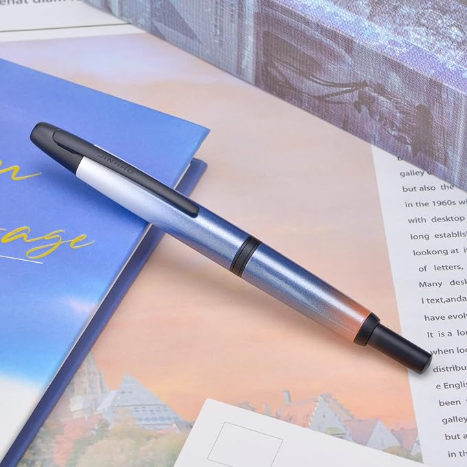 Jinhao 10 Press Fountain Pen with Box, Gradient Dark Blue Retractable Medium Nib with Ink Converter Set (Black Clip)