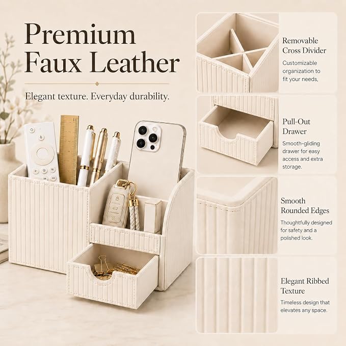 Luxury PU Leather Desk Organizer with Drawer, Modern Aesthetic Office Desk Accessories for Women, Multi-Compartment Pen Holder & Desktop Storage Organizer for Home Office, Cream White