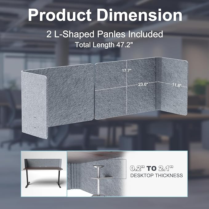 Desk Privacy Panel,2PCS L-Shaped Clamp-On Office Desk Divider,2-in-1 Adjustable Acoustic Desktop Partition Or Under Desk Modesty Panel,for Office,Home,Felt(Grey, 47.2" x 17.7")