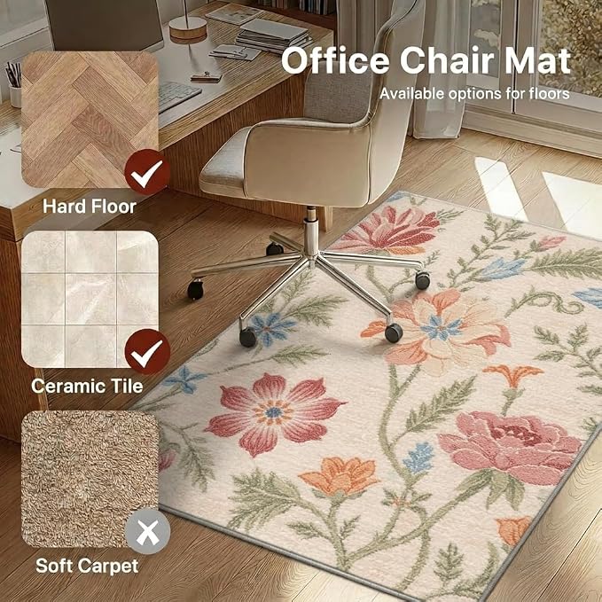 36"x48" Office Chair Mat for Hardwood Tile Floor, Under Desk Carpet Protector for Rolling Computer Chair Mat, Machine Washable Area Rug, Anti-Slip 1/5" Thick Low Pile Thin Vinyl Floor Mat, Blush Cream