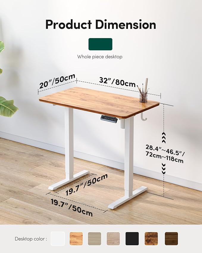 CubiCubi 32 x 20 Small One-Piece Standing Desk, Adjustable Height Electric Computer Home Office Sit Stand up Workstation, with 4 Memory Presets, Headphone Hook, Light Vintage