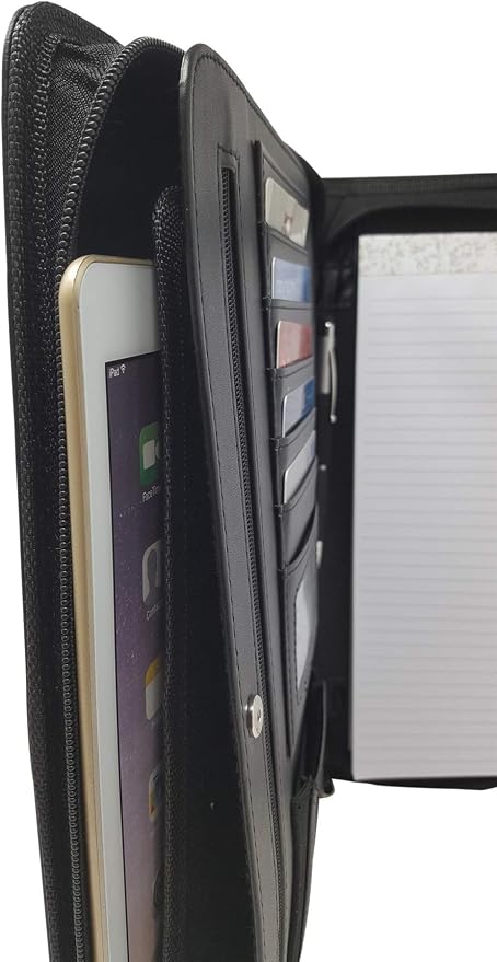 Matt Black Zippered Portfolio Binder - PU Leather Business Portfolio Organizer - Padfolio for Men & Women with US Letter Notepad, 10.5 Inch Tablet Pocket & Gift Box by Lautus Designs