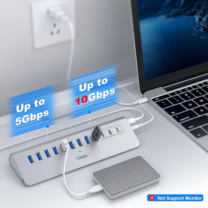 Powered USB Hub 10Gbps, intpw 12-Port USB 3.2 Hub with USB A/USB C 3.2, 7 USB 3.0, 2 PD 45W Charging Port, 65W Power Adapter and 5FT Cable, Aluminum USB Hub for Laptop, iPhone 17/16/15/PC