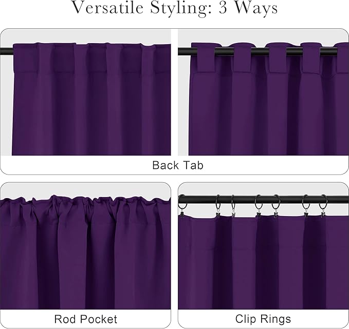 PONY DANCE Purple Blackout Curtains for Bedroom 2 Panels Set, Dark Purple Room Decor, Thermal Insulated Solid Back Tab Window Drapes for Living Room, W 42 x L 63 inch