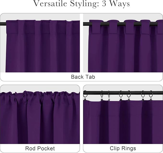 PONY DANCE Purple Blackout Curtains for Bedroom 2 Panels Set, Dark Purple Room Decor, Thermal Insulated Solid Back Tab Window Drapes for Living Room, W 42 x L 45 inch