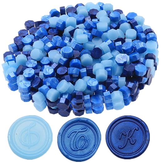 Wax Seal Kit with Warmer, ONWINPOR 300pcs Sea Blue Sealing Wax Beads in 3 Colors, Non-Slip Spoon, Candles for Envelopes, Stamp Letter Seal,Wedding Invitations (Blue Mix)