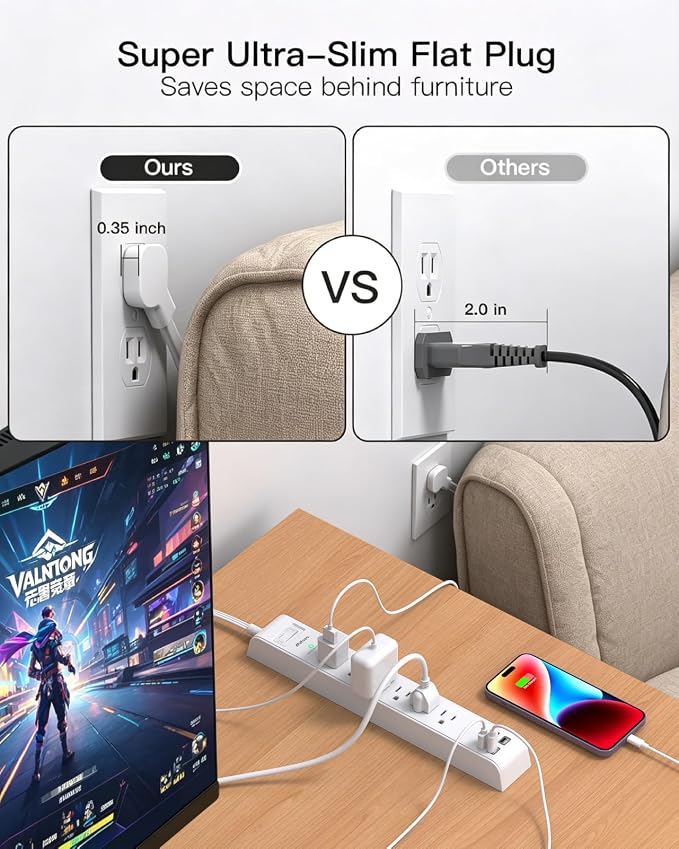 Long Power Strip Flat Plug Extension Cord, 10-in-1 with 6 AC Outlets 4 USB Ports(2 USB-C), Ultra Flat Plug Braided Extension Cord, Wall Mountable, 1080J Surge Protection
