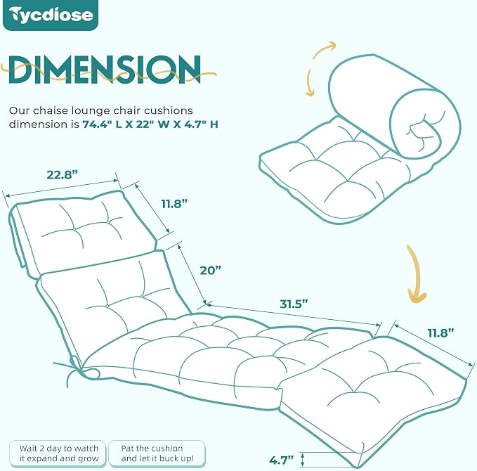 Chaise Lounge Cushions Outdoor Set of 2, 74.4 x 22 x 4.7 Inches Thickened Lounge Chair Cushions Waterproof for Outdoor Furniture with Ties, Non-Slip Patio Pool Chaise Lounge Cushion, Teal
