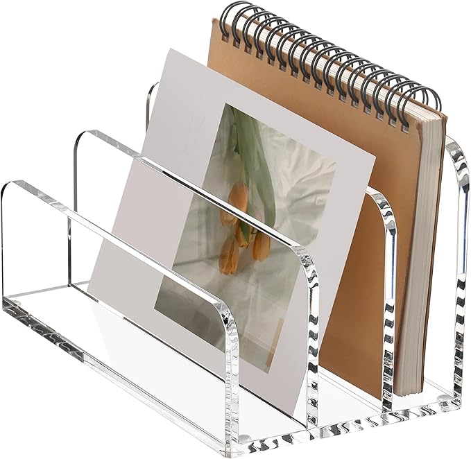 SANRUI Clear Acrylic Mail File Organizer Sorters for Desk, 3 slot Laddered | Desktop Vertical Letter Holder, Multifunction Envelope Folder Racks Holders for Office,Home, School