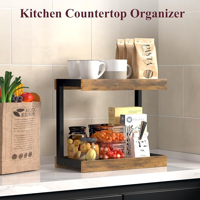 MARTY Counter Shelf Organizer, Large Spice Rack for Countertop, Brown | 2 Tier Serving Tray, 15.75"x8.9"x14.4" Large Display Stand, Coffee Bar/Station Organizer for Mugs Cups, for Kitchen Pantry
