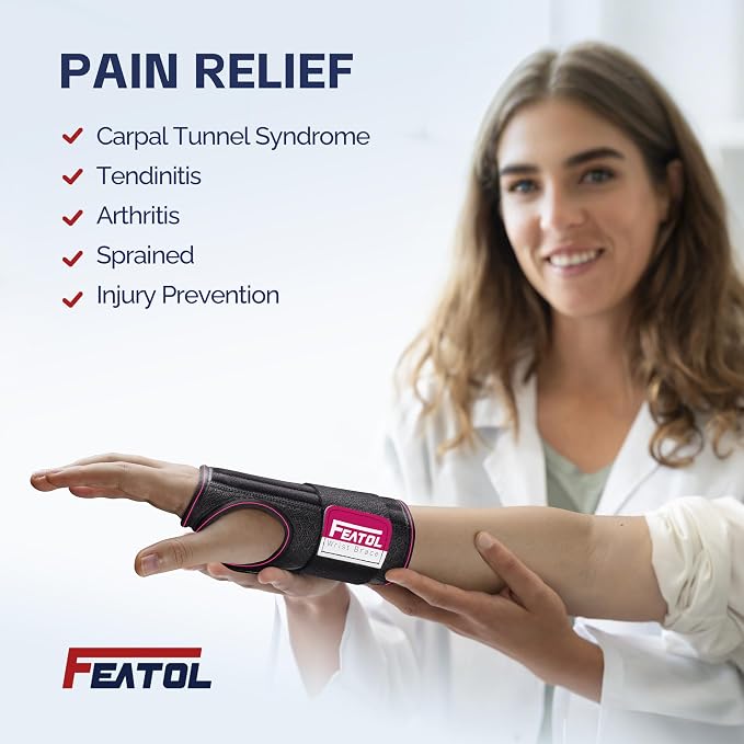 FEATOL 2 Pack Carpal Tunnel Wrist Brace For Work With Wrist Splint, 6.5'' Wrist Brace Night Support For Women Men, Pain Relief For Tendonitis, Arthritis, Pregnancy, Typing, Right and Left Hand, Medium