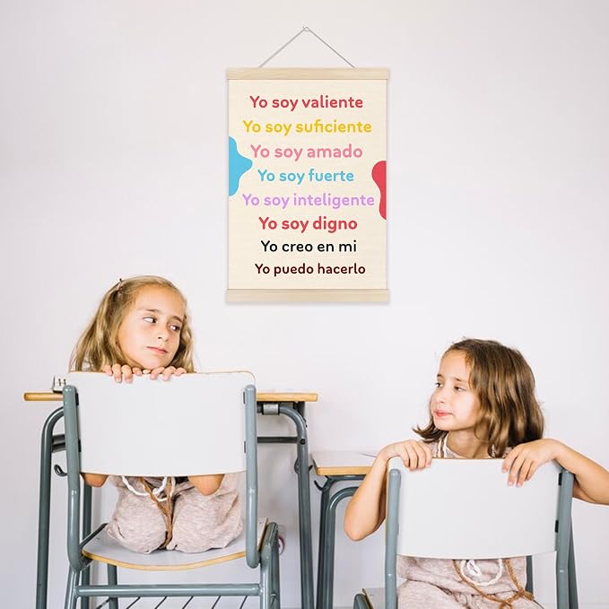 Welshower Boho Spanish Classroom Poster Hanger Frame, Yo Soy Valiente Motivational Inspirational Quotes Wall Art Prints Decor for Classroom Kids Room Nursery Playroom, 12x16 Inch