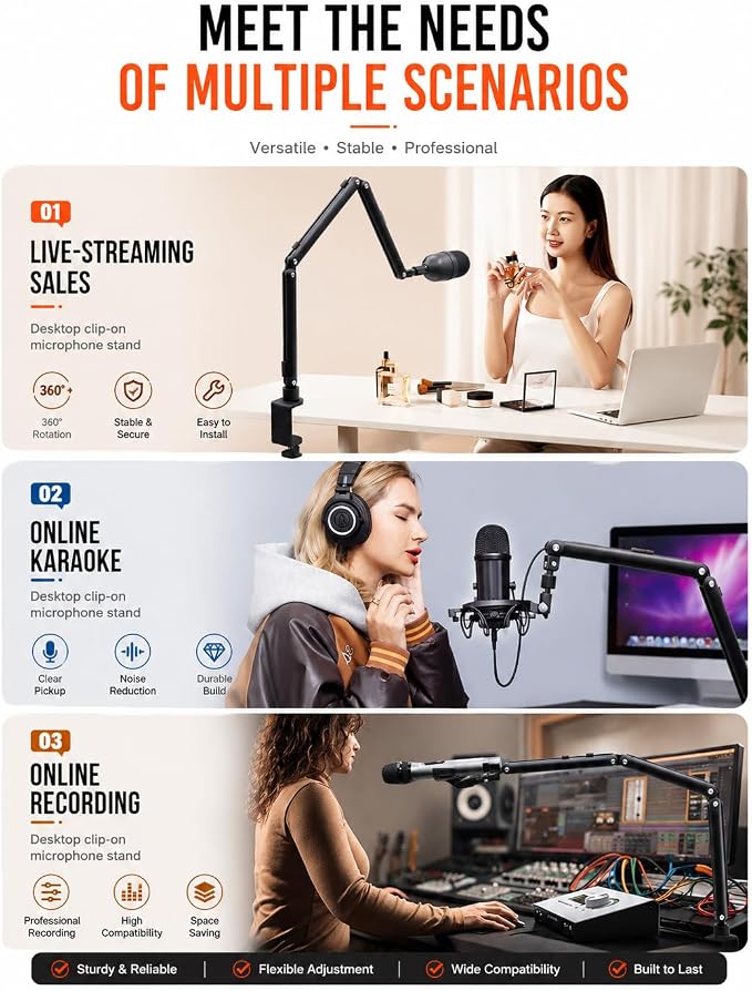 Low Profile Mic Arm for Lightweight Mics, Foldable Boom Arm with Desk Clamp, Mic Clip & 1/4" 3/8" 5/8" Adapters, 360° Metal Ball Head for Podcasting, Streaming & Gaming