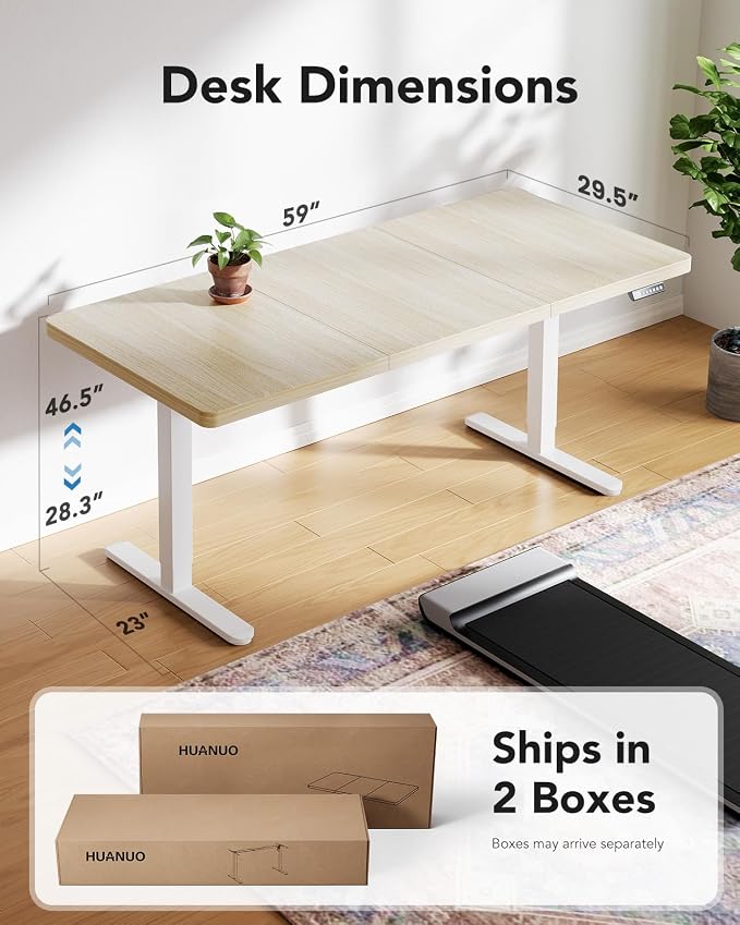 HUANUO 60 x 30 inch Large Standing Desk, Powerful Brushless Motor Large Height Adjustable Table, 4 Memory Preset Stand Up Work Station Sit Stand Desk, Home Office with Thick T-Shaped Frame,Natural