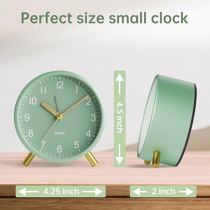 JALL Analog Alarm Clock, 4 inch Super Silent Non Ticking Small Clock with Night Light, Battery Operated, Simple Design, Easy Setting for Office, Bedroom, Bedside, Desk, Teens, Elders, Adult, Green
