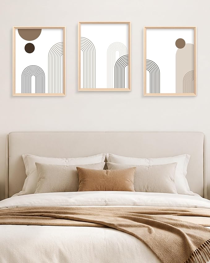 HesenDot 12x16IN Boho Arch High Framed Wood Design Wall Art Set of 3 | Modern Neutral Line Canvas Prints, Mid Century Minimalist Wall Decor for Living Room Bedroom Bathroom Hallway Office