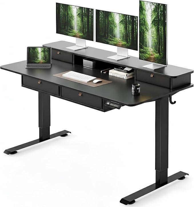 CubiCubi 55" x 30" Standing Desk with Drawers, Height Adjustable Electric Workstation, Computer Sit Stand Up Table with Large Storage Shelf 4 Drawers and 2 Hooks, Black