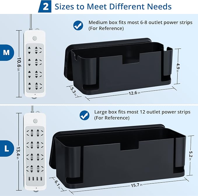 ZhiYo 2 Pack Cable Management Box, Medium & XL, Power Strip Organizer Black | Hidden Rear Cable Routing, Durable ABS Construction, Fits Power Strips Up to 13.4", Ideal for Desks, TV Areas & Floor Corners