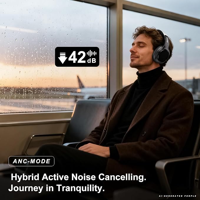 Hybrid Active Noise Cancelling Headphones, Bluetooth 6.0 Over Ear Headphones,120H Battery Fast Charging, Hi-Res Audio, Transparency Mode, Deep Bass, Memory Foam Comfort Fit for Travel Office Home